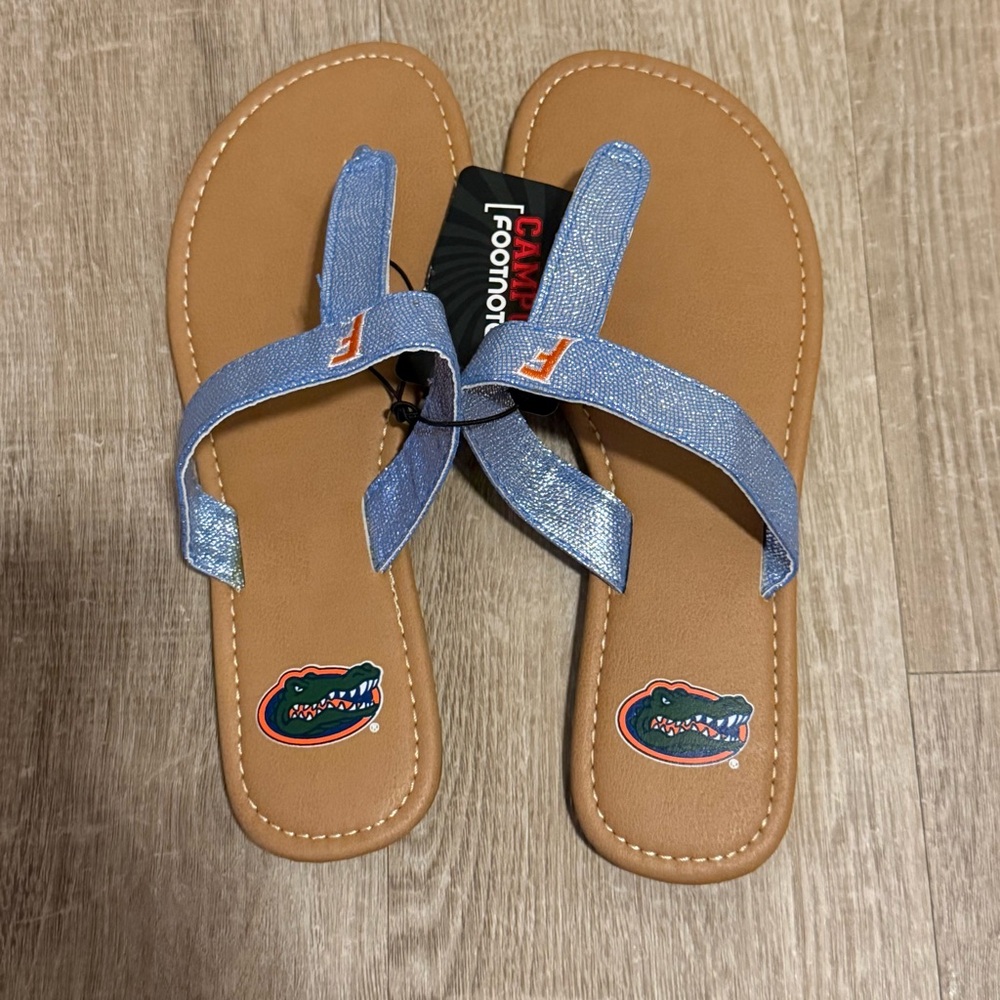 NWT Authentic Florida Gators Flip Flops with Blue Straps & silver